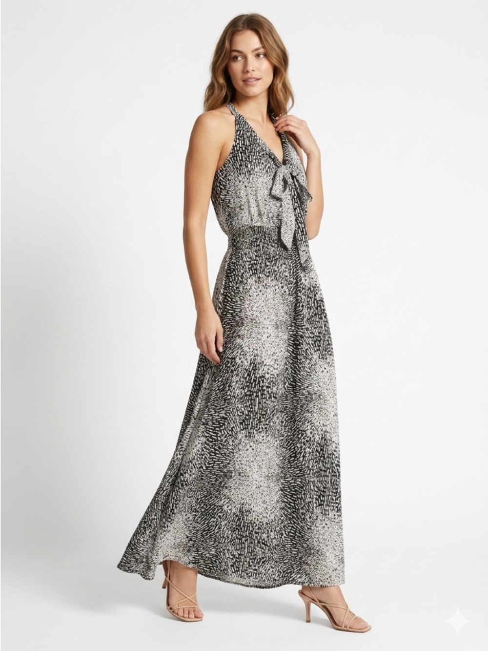 Parker Halter Maxi Dress Tie Neck Smocked Waist Silk Abstract Black White S